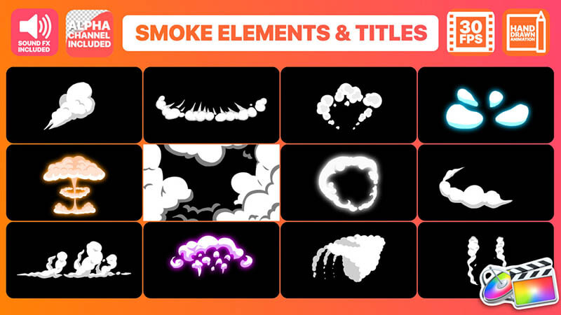 FCPX插件：MG卡通烟雾元素动画12个 + 3个字幕标题动画预设