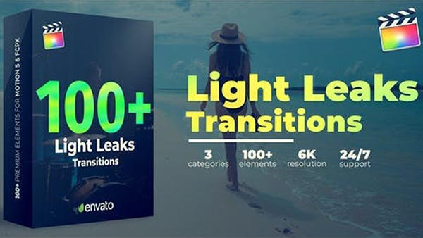 FCPX插件Light Leaks Transitions漂亮镜头漏光叠加过渡闪烁光效转场预设100个