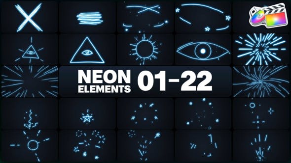 FCPX插件Neon Elements霓虹发光效果MG元素图形动画预设22个