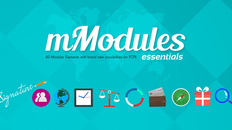 FCPX插件mModules Essentials时间图形背景地图标记商店元素字幕标题动画预设60个